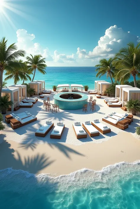 Make a dream beach club made by christian dior, with beautiful bar in the middle, surrounded by luxury blue and white sunbeds branded by christian dior