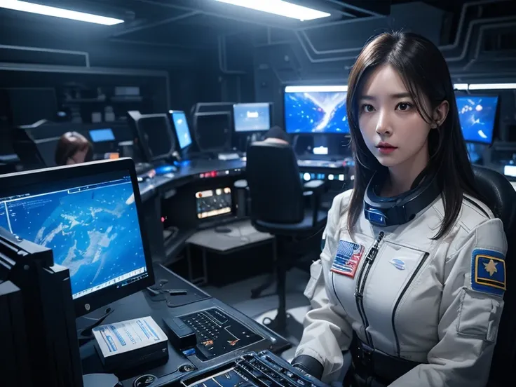 Female officer of the Space Defense Force、beautiful、Reluctant expression、Long, sharp eyes、(((cool)))、Operating a computer in the control room、Live-action movie、(((Dramatic lighting)))、High definition realistic photos、Professional photography with attention...