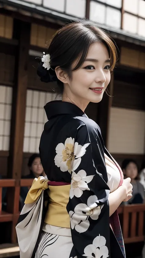 Mature attractive sexy woman,50 years old, ((kimono)),((black))、(((kimono))),Shut,((Big Breasts:1.1)),(Facial wrinkles:1.3),light makeup,Light brown hair,Long Hair,(Full body photo:0.85),(Emphasize big buttocks),8k, RAW Photos, Highest quality, Laughter,ma...