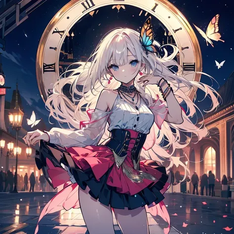 1 person、Mature、Ample breasts、Long Hair、ballerina、ballerinaの衣装、Tutu、Miniskirt、necklace、bracelet、Earrings、dance、In front of the clock tower、Night Sky、gem、Butterflies fluttering、High resolution、Highest quality