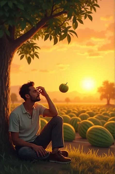 The man sits up, touching his forehead where the fig hit him. He looks up at the tree and then towards the watermelon field, with a relieved expression on his face, as if realizing something important. The sun is setting in the background, casting a golden...