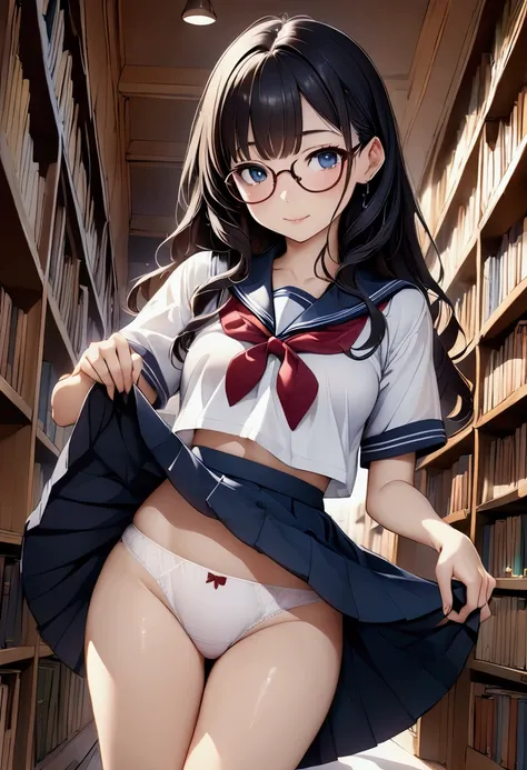 高いquality illustration, masterpiece, Very delicate and beautiful, masterpiece, Highest quality, High resolution, Very detailed, Perfect lighting、1 female、Very young、cute、(Wavy Long Hair)、Black Hair、Glasses、white short sleeve sailor uniform、Navy blue pleate...