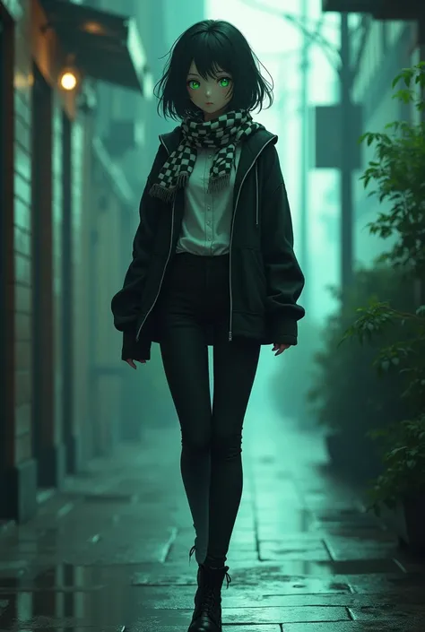 Female, Anime, Short black hair, Fair skin, Emerald eyes, Checkered scarf, Black hoodie, White collared shirt, Black trousers, High-heeled black boots