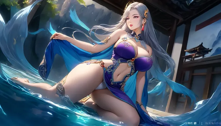 high quality,HD,16K,Sharp Line,1 Girl,fantasy, （Fire Spirits）,Pretty Face, Large Breasts, Beautiful legs,In the water,Focus Girl,detailed Pretty Face,Detailed clothes,beautiful eyes,Cool,Sexy,Dynamic Angle,穿着华服的神明Strike a pose拍照, Ancient mysterious sexy go...