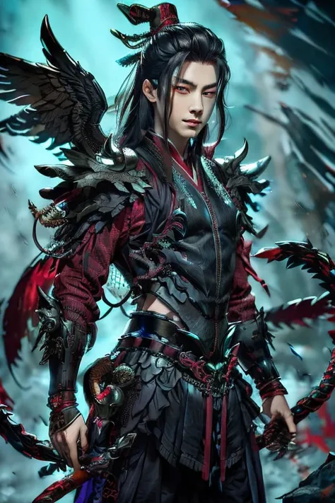 handsome young xianxia protagonist,man,guy,long black obsidian hair, use floating phoenix crown,crimson red  eyes  ,eyes focus d...