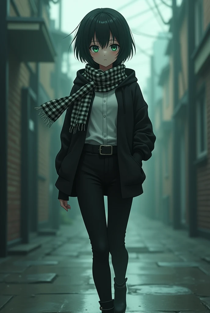 Female, Anime, Short black hair, Fair skin, Emerald eyes, Checkered scarf, Black hoodie, White collared shirt, Black trousers, High-heeled black boots