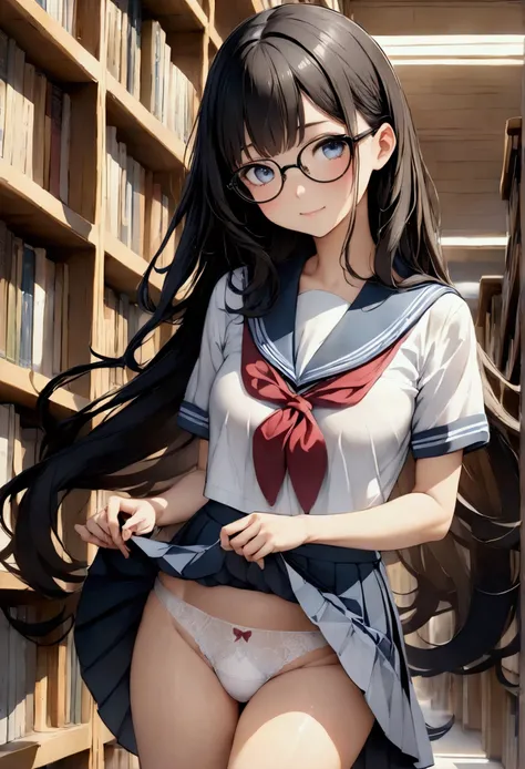 高いquality illustration, masterpiece, Very delicate and beautiful, masterpiece, Highest quality, High resolution, Very detailed, Perfect lighting、1 female、Very young、cute、Slim figure、(Wavy Long Hair)、Black Hair、Glasses、white short sleeve sailor uniform、Navy...