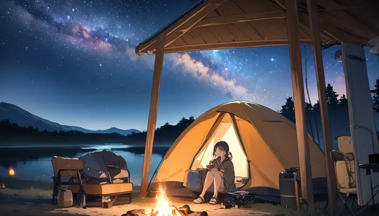 Woman gazing at the stars while camping,Streetscape、listen to music、Japanese