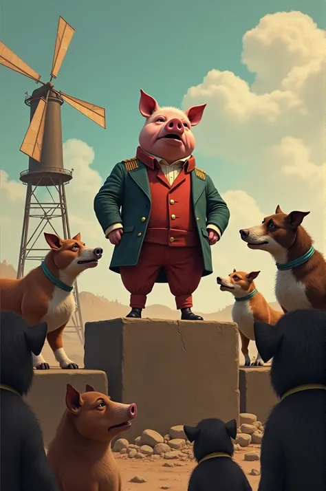  It is that of a pig (Napoleon) on a podium, surrounded by threatening dogs, while the other animals look at him with looks of confusion and fear. In the background, You can see a windmill under construction, symbolizing the idea of progress that has been ...