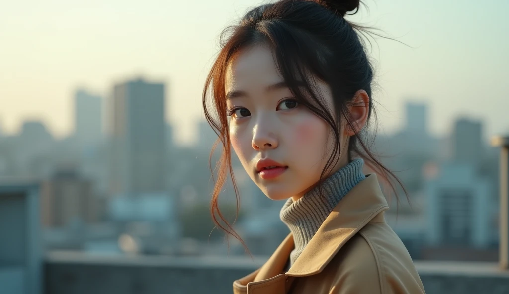 a beautiful japanese woman with messy bun highlighted brown hair, wearing tan coat, turtle neck inner top, in the roof top standing, in roof top, particles and nice lighting, UHD, HDR, 8k, Masterpiece, close up, realistic, hyper realisitc, over shoulder sh...