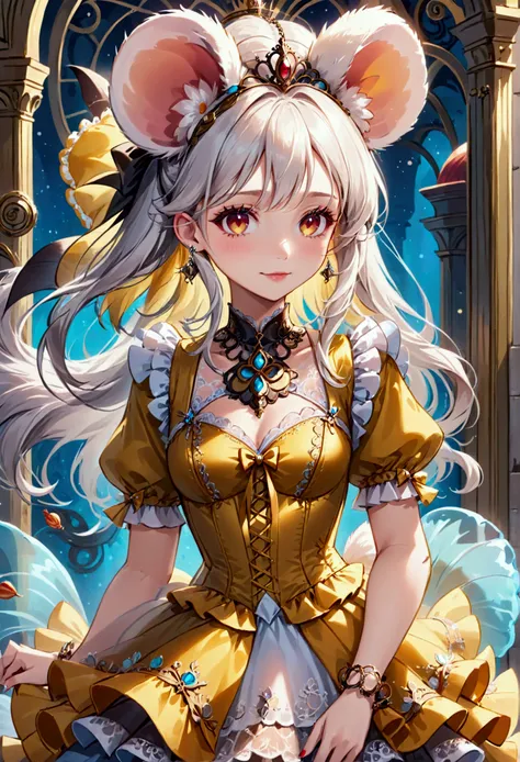 (best quality,4k,8k,highres,masterpiece:1.2), ultra-detailed, Pretty anthropomorphic mouse girl has a princess, drawn in anime style, steampunk, wearing a yellow princess gown with puffy sleeves, steampunk, gorgeous frilly dress design,flowing gown,elabora...