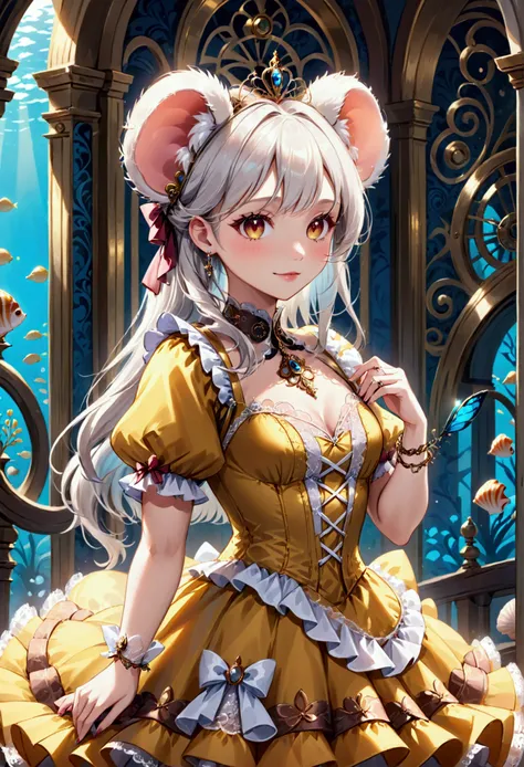 (best quality,4k,8k,highres,masterpiece:1.2), ultra-detailed, Pretty anthropomorphic mouse girl has a princess, drawn in anime style, steampunk, wearing a yellow princess gown with puffy sleeves, steampunk, gorgeous frilly dress design,flowing gown,elabora...