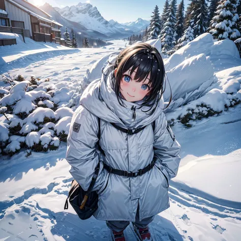 anime, Tabletop, Highest quality, 8k_wallpaper, (Beautiful Eyes), ((Snow is piling up)), cute, (The outerwear is grey、The bottom trousers are grey),One Girl,small ,1 female student、smile、Brown bob hair、(((Snow as far as the eye can see)))、Ski resort on a s...