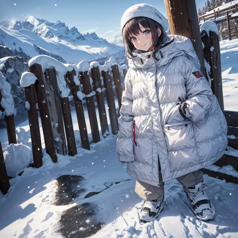 anime, Tabletop, Highest quality, 8k_wallpaper, (Beautiful Eyes), ((Snow is piling up)), cute, (The outerwear is grey、The bottom trousers are grey),One Girl,small ,1 female student、smile、Brown bob hair、(((Snow as far as the eye can see)))、Ski resort on a s...