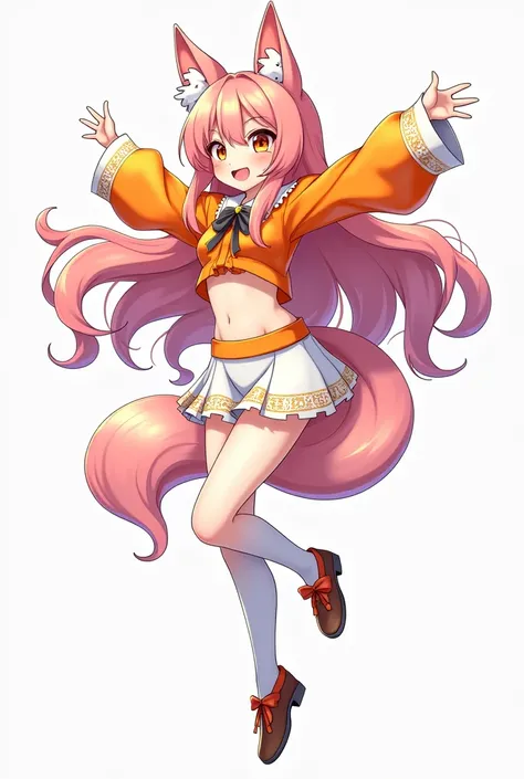 Beautiful Vtuber girl long hair smiley face with a fox ear wearing an beautiful orange crop top, white short skirt and stocking. Jumping pose. no background. No shadow