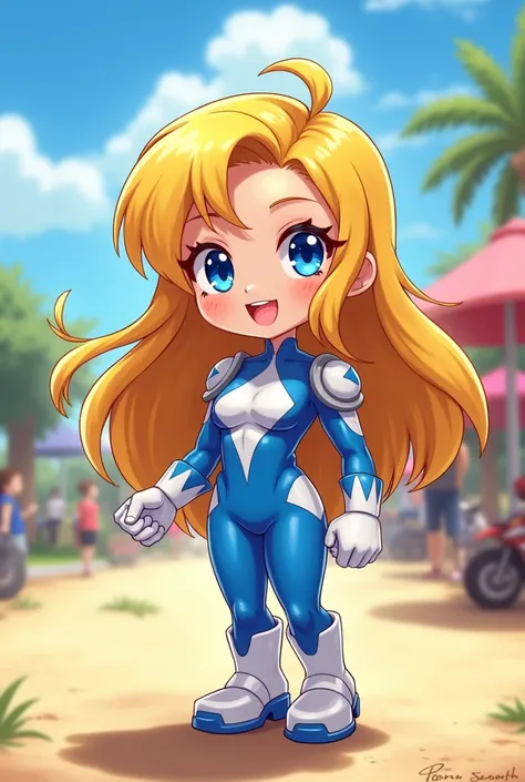 Chibi, fitnes girl, sexy, cute, smile, blue eyes, sunnny day, power rangers blue white latex clothes, ombreira, yellow hair
