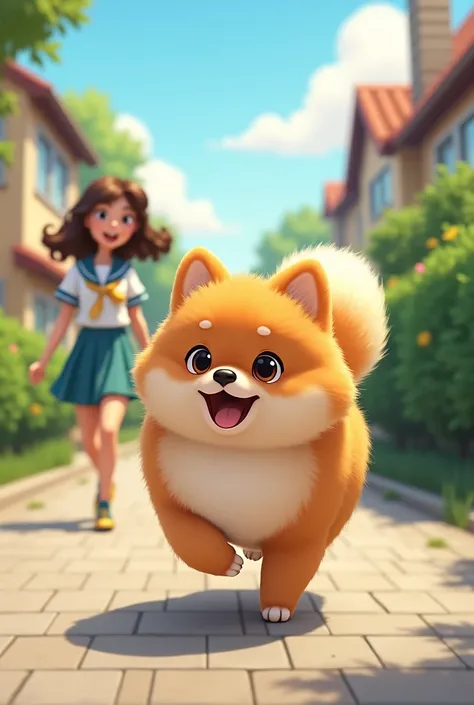 Student&#39;s Pomeranian very happy、She is happily walking home in her school uniform.。 