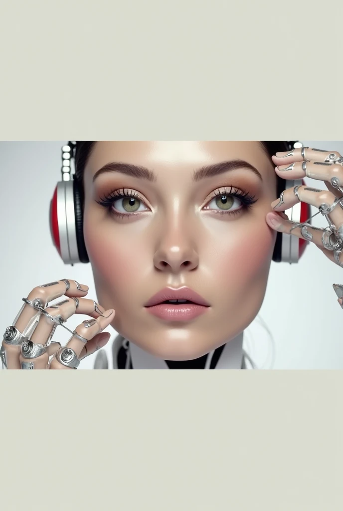 A photoreal crystal clear film still of a KAMILLA RODRIGUES ALMEIDA look a like, she is a biomechanical complex robot, she has a headphone She is built for combat but still cute. Each joint, cable, and piston is meticulously detailed, emphasizing her raw p...