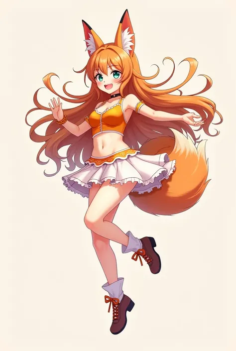 Beautiful Vtuber girl long hair smiley face with a fox ear wearing an beautiful orange crop top, white short skirt and stocking. Jumping pose. no background. No shadow