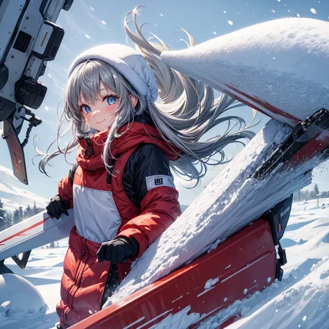 anime, Tabletop, Highest quality, 8k_wallpaper, (Beautiful Eyes), ((Snow is piling up)), cute, (Gray top and bottoms),One Girl,small ,1 female student、smile、Brown bob hair、(((Snow as far as the eye can see)))、Ski resort on a sunny day、snow board、(((snow bo...