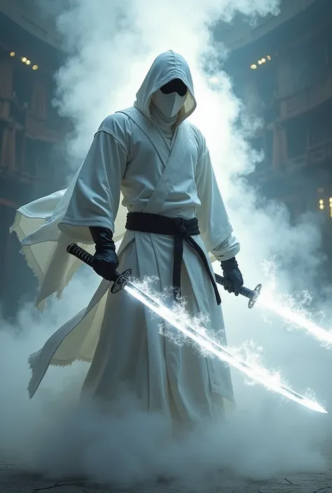 Good physical shape warrior without eyes wearing white Japanese ninja combat suit with white full face mask has steam on his body that has a katana that has white fire, 
