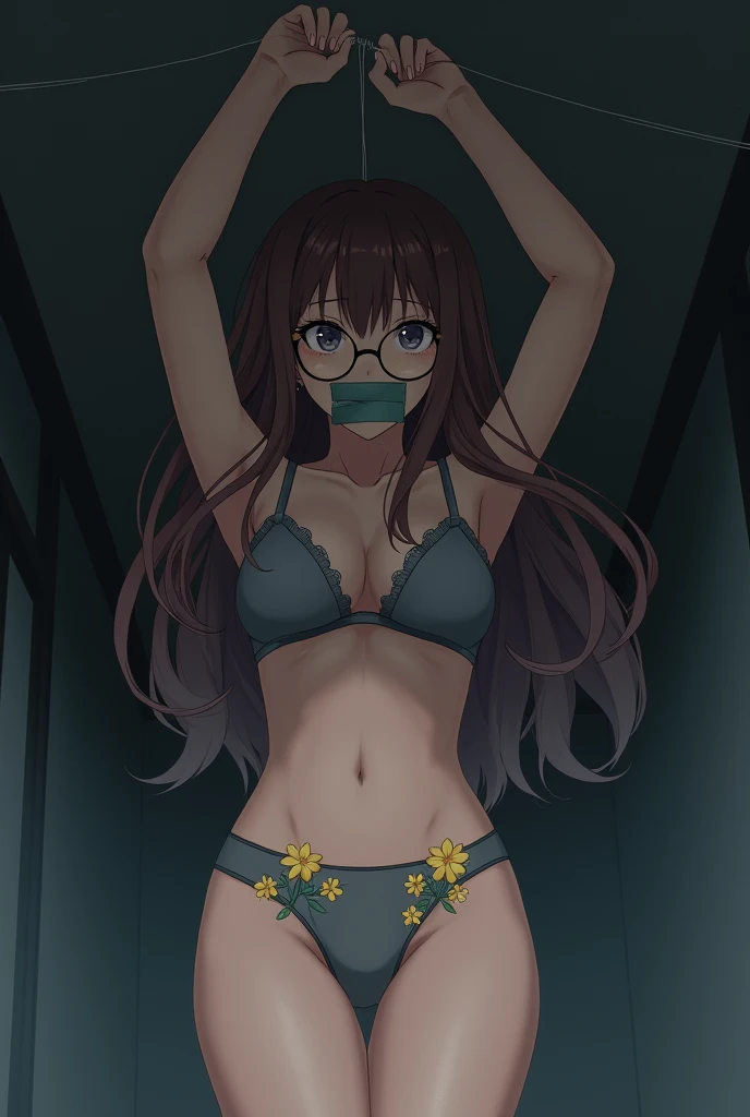 sekijou sawako, shibari, brown eyes, bondage, bound, brown hair, long hair, circle eye glasses, stripped, best quality, ultra-detailed, high resolution, extremely detailed cg, unity 8k wallpaper, masterpiece, perfect body, anime picture, femsub, BDSM, smal...