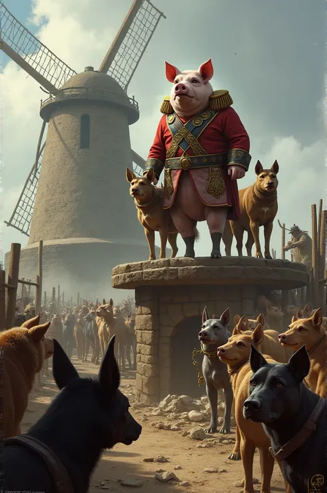 It is that of a pig (Napoleon) standing on a platform, surrounded by ferocious dogs, while the other animals look at him with looks of confusion and fear. In the background, You can see a windmill under construction, with some animals working hard, but wit...