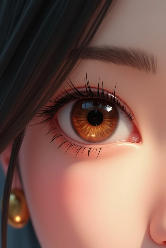 Female, asian, zoom on one eye, volume and long eye lashes, brown colour eye, realistic style and features, no hair covers infront of the eye, looks like real person, 