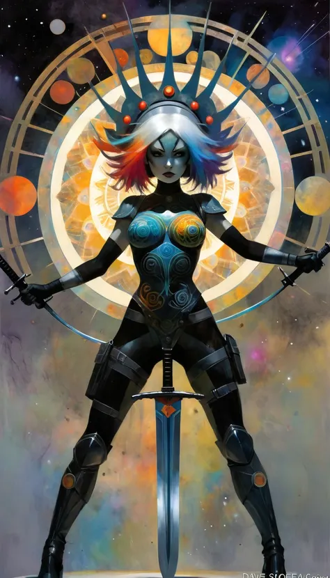 1girl, alone, MANdALA fractal black body paint, sexy, multicolored hair galactic soldier holding a galactic mandala gray sword with both hands, mandala helmet and ready to attack aggressively, ZZZ, ZENLESSZONEZERO, art inspired by Bill Sienkiewicz and Dave...