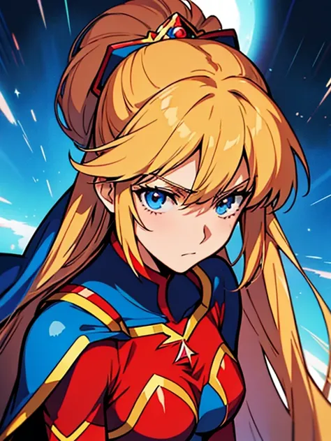 Anime-style photo of a woman in a red cape and blue clothes, Supergirl, anime visual of Supergirl, Portrait of a female anime hero, Artoria Pendragon, Anime Goddess, Superhero Girl, Power, the princess of power, with cape, Zodiac Knight Girl, Zerochan Art,...