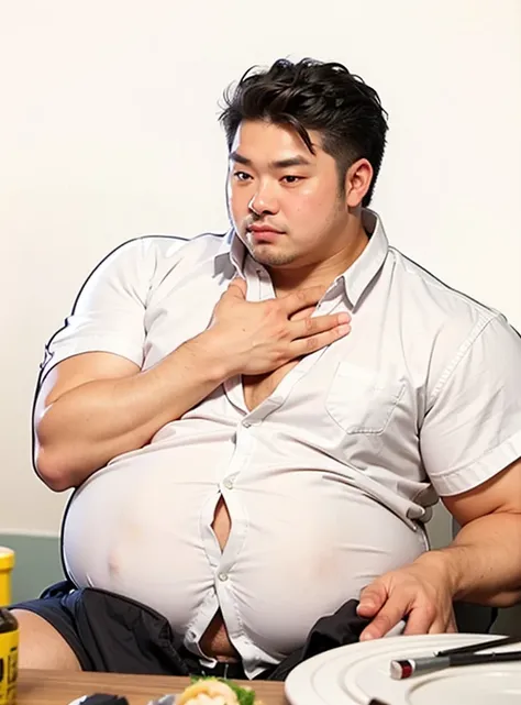 handsome man with a thin face of Japanese descent with a bloated and pot belly and muscular arms but his body is fat wearing a white shirt with the buttons almost undone