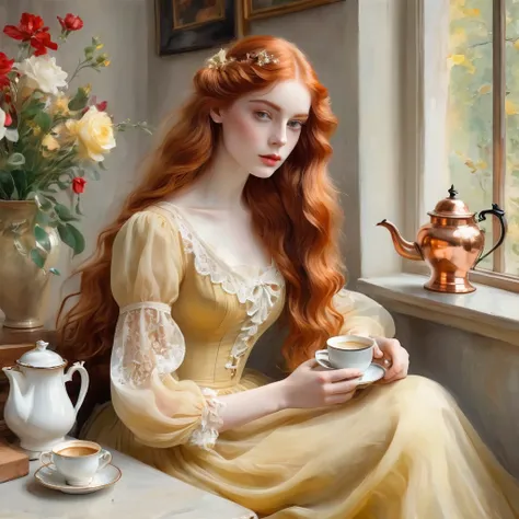 Girl with long wavy red bright hair, brews coffee in a copper cezve, She is wearing a pale yellow transparent chiffon dress and, lace, the style of the artist John Singer Sargent, eye contact, 8 K,12K,