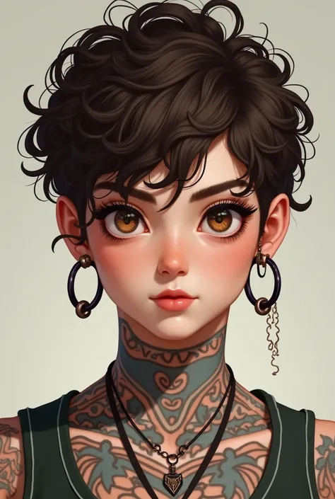 create a white character brown eyes short curly hair wearing a hat, some old school tattoos on the neck and hoop earrings in the ears, I will use it as an icon, then the ideal would be the front position