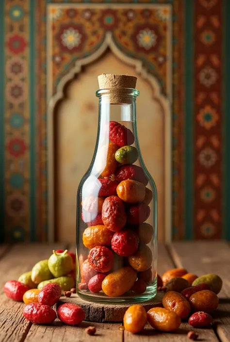 Mixed colourfully red, green, orange Honey Nuts in bottle photo with Islamic background 