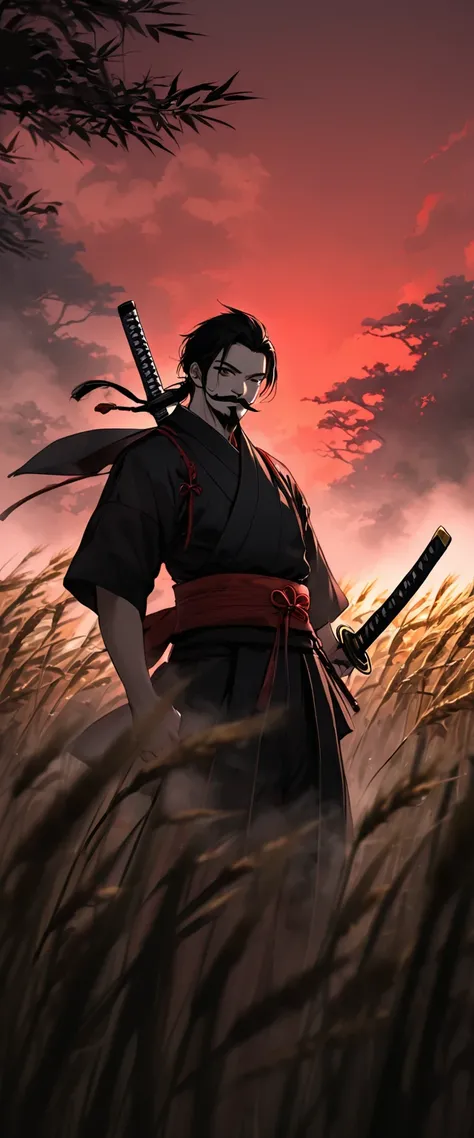 Scarlet Silk Ronin Costume。fog,Standing in a wheat field。Bust Shot。Dark Eyes。clothes are blowing in the wind。Grin。Katana on the waist。Stylish pose。dynamic angle。Mustache。Beard。Messy long black hair。 A thin young ronin。alone。Spooky atmosphere。Japan。濃いfogの世界...