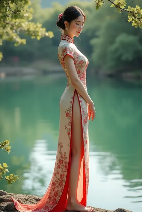 Chinese cheongsam for women，at the waterside