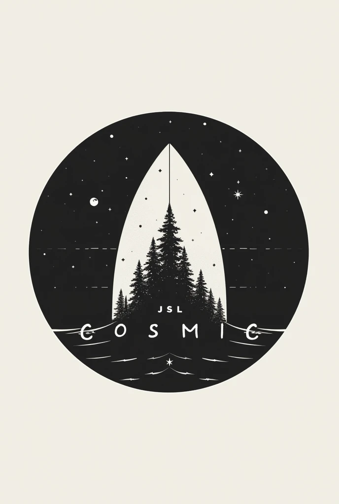 A logo for the surfboard brand “JSL Cosmic” in black and white in a circle shape