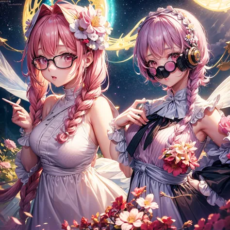 ((masterpiece, best quality, extremely detailed, absurdres)), anime style, 1girl, cute, moe, She wears clear glasses and a cold mask, pink hair, white flower hair accessory, cute girl, Braided short cut, one-piece pie with hand, loves milky pie, soft light...