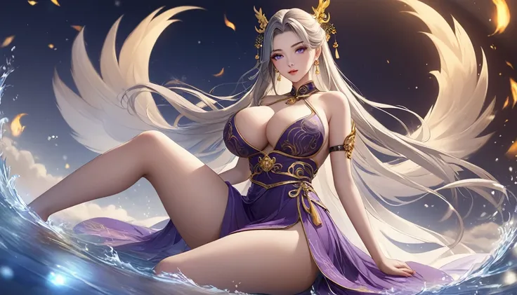 high quality,HD,16K,Sharp Line,1 Girl,fantasy, （Fire Spirits）,Pretty Face, Large Breasts, Beautiful legs,In the water,Focus Girl,detailed Pretty Face,Detailed clothes,beautiful eyes,Cool,Sexy,Dynamic Angle,穿着华服的神明Strike a pose拍照, Ancient mysterious sexy go...