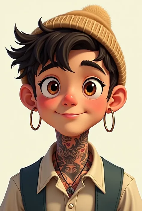 create a white male character with brown eyes, short curly hair, wearing a beanie, some old school tattoos on the neck and hoop earrings in the ears, I will use it as an icon, then the ideal would be the front position, Disney  style