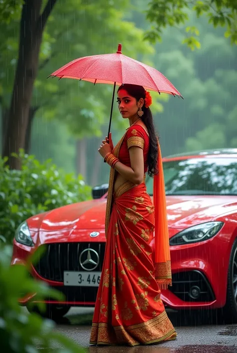 A Indian girl in Indian sharee with a red car in a park and carry a umbrella in rain 
