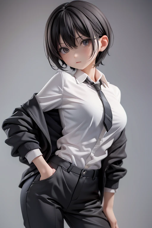 older sister、bra、cool、slender、Black Hair,、Short Hair、In a suit、Dress shirt、pants、Half-dressed、Undressing
