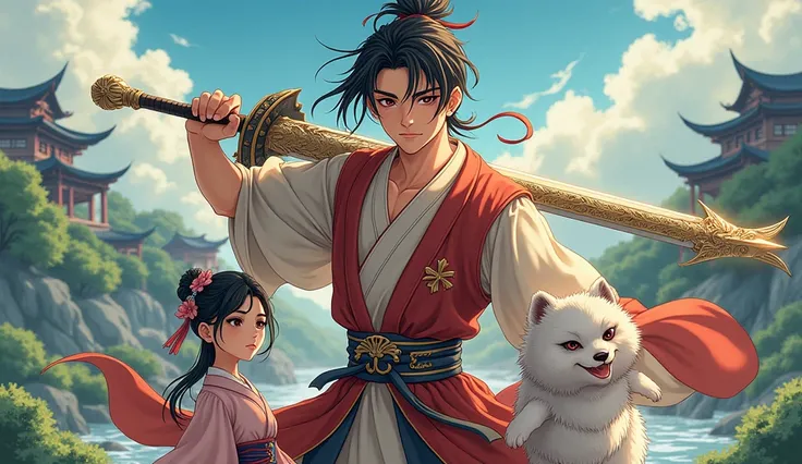 Chinese web novel main character poster anime style man hero with ancient dragon carp weapon pet animal and beatiful girl