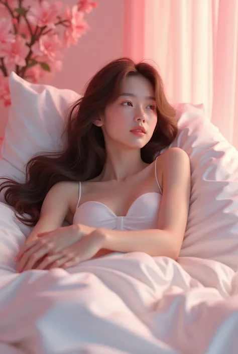 beautiful girl, with long wavy hair, Lying on a bed with white sheets, pink theme