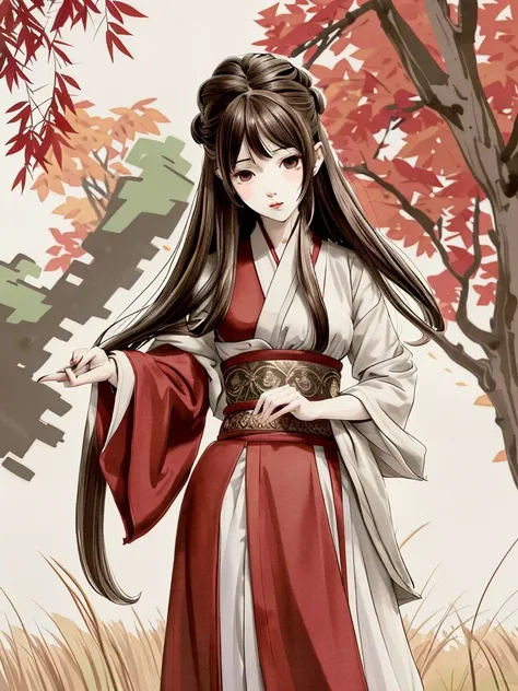 shukezouma, negative space, , shuimobysim , portrait of a woman standing in renaissance male clothing (white upper top and brown pants). hair is short, has a volume, and color red. she is standing in a field., willow branches, (masterpiece, best quality:1....