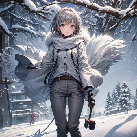 anime, Tabletop, Highest quality, 8k_wallpaper, (Beautiful Eyes), ((Snow is piling up)), cute, (Grey outerwear、Grey trousers),One Girl,small ,1 female student、smile、Brown short hair、(((Snow as far as the eye can see)))、Ski resort on a sunny day、Doing snowb...