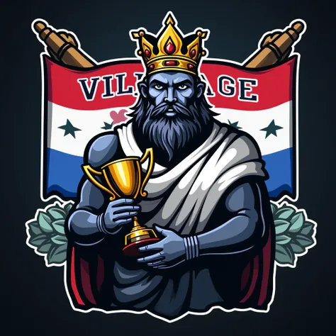 
create a sports logo with the name "village" with an Indian king mascot holding a trophy 