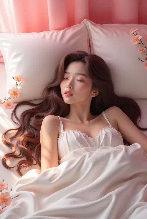 beautiful girl, with long wavy hair, Lying on a bed with white sheets, pink theme