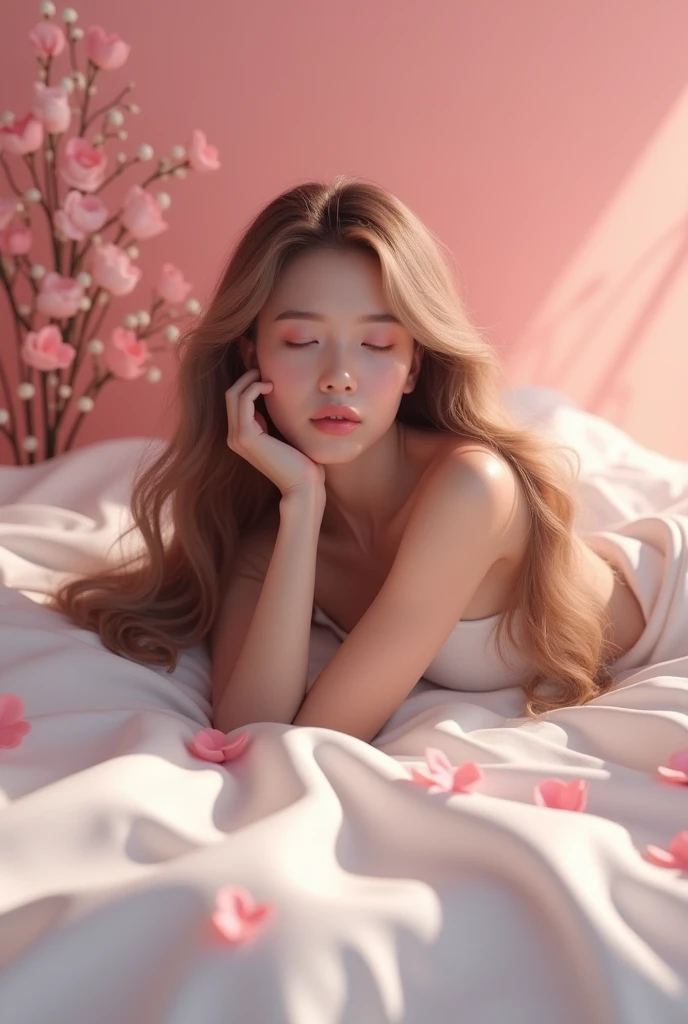 beautiful girl, with long wavy hair, Lying on a bed with white sheets, pink theme