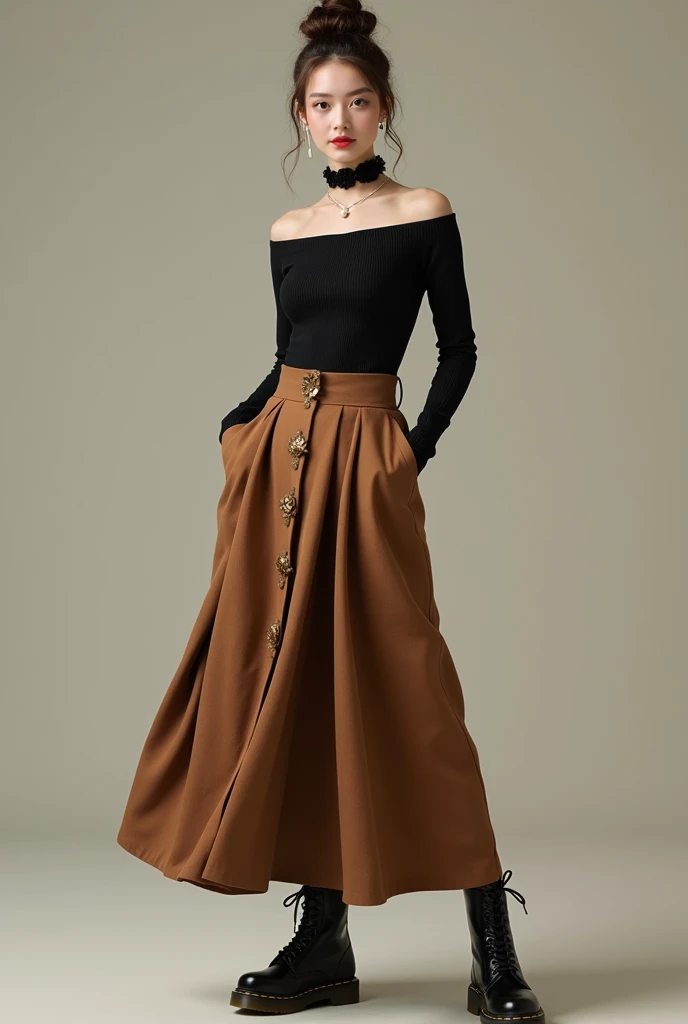 (photorealism:1.2), vintage: black fitted off shoulder, brown below the knee maxi skirt and dr. martins blackshoes, with black rose flower choker, and bun hair with pearl earrings